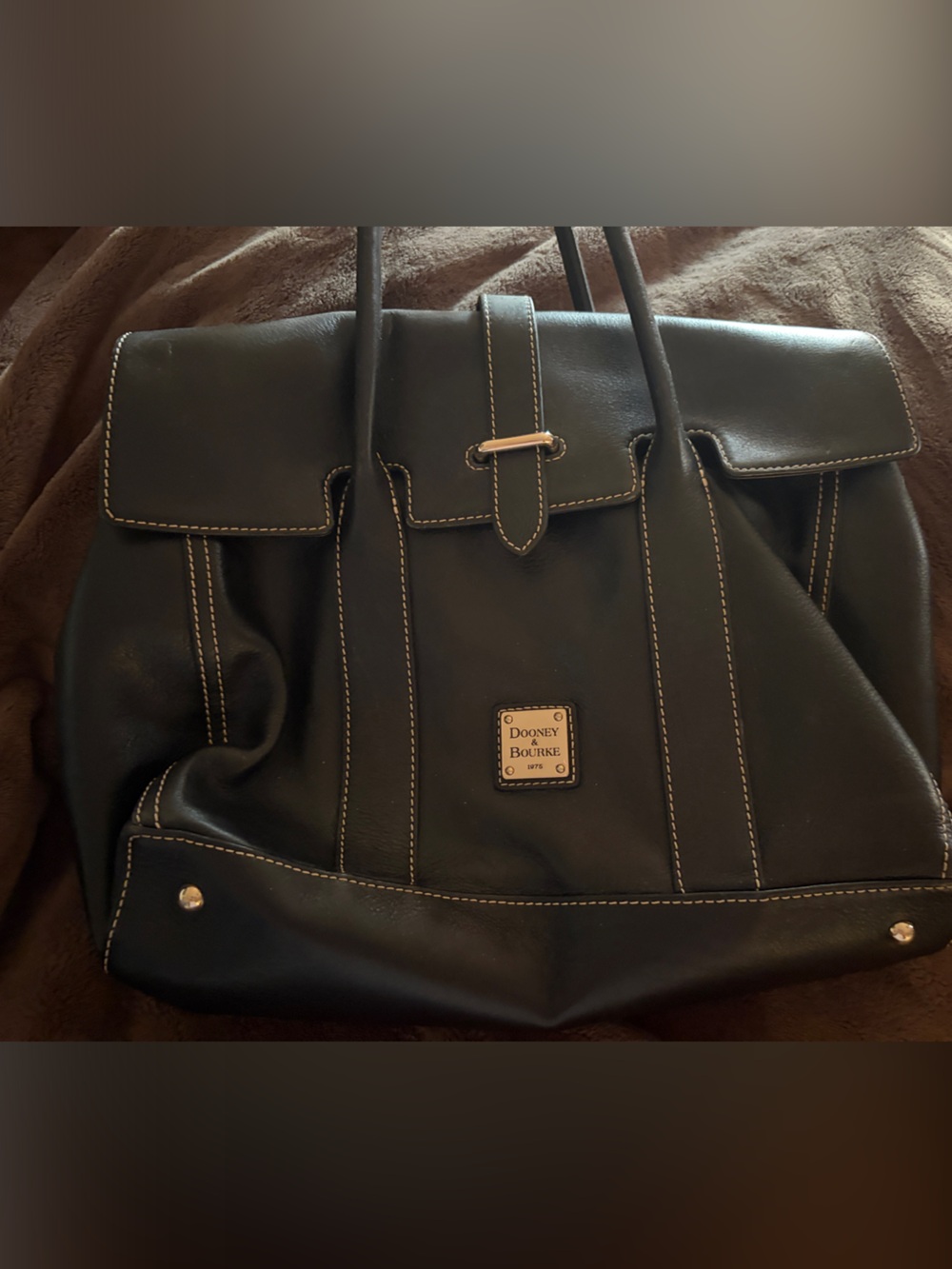 Dooney & Bourke Black Leather Tote with Cream Stitching